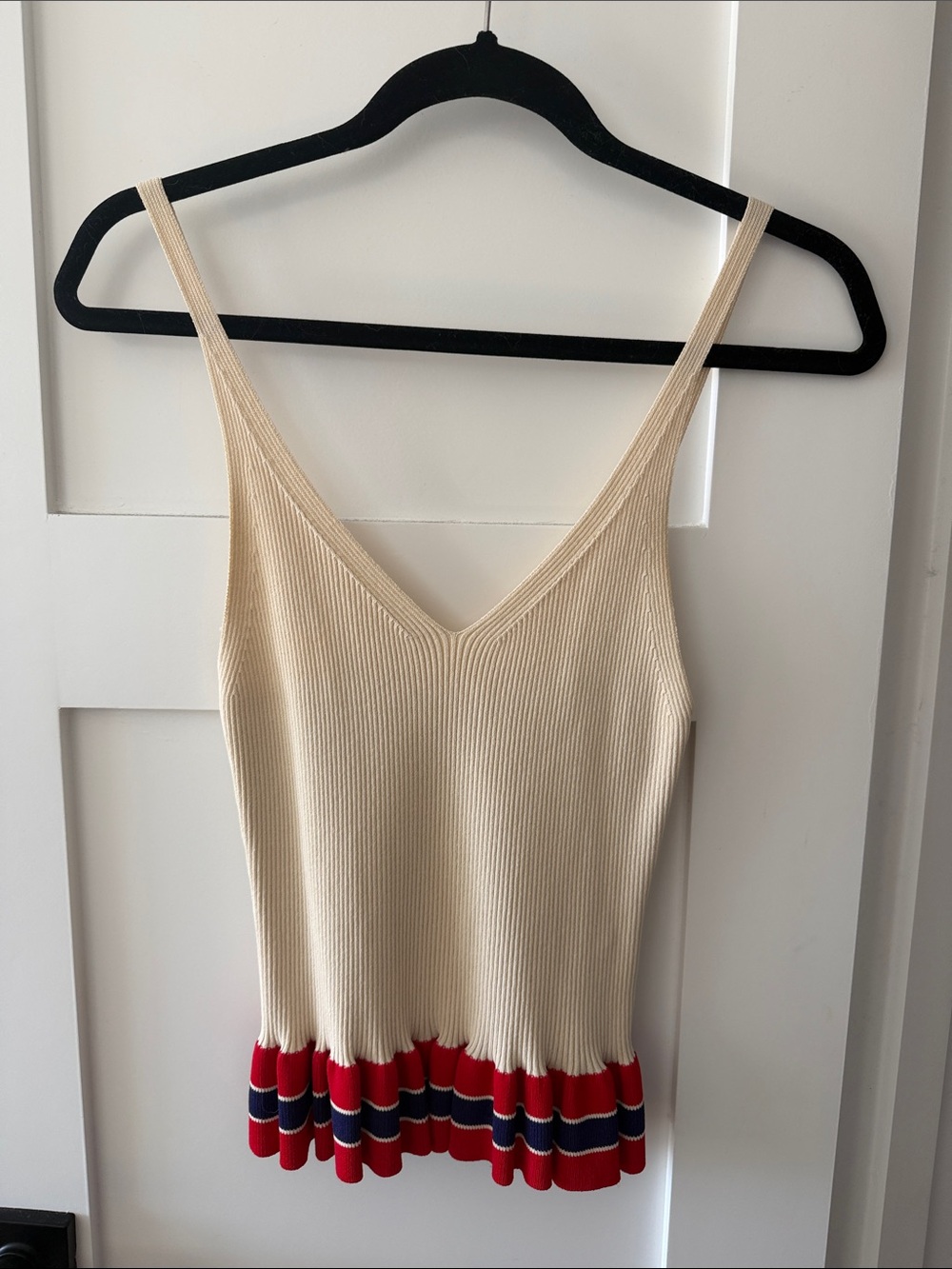 Ribbed V-Neck Camisole with Striped Ruffle Hem - Cream/Red